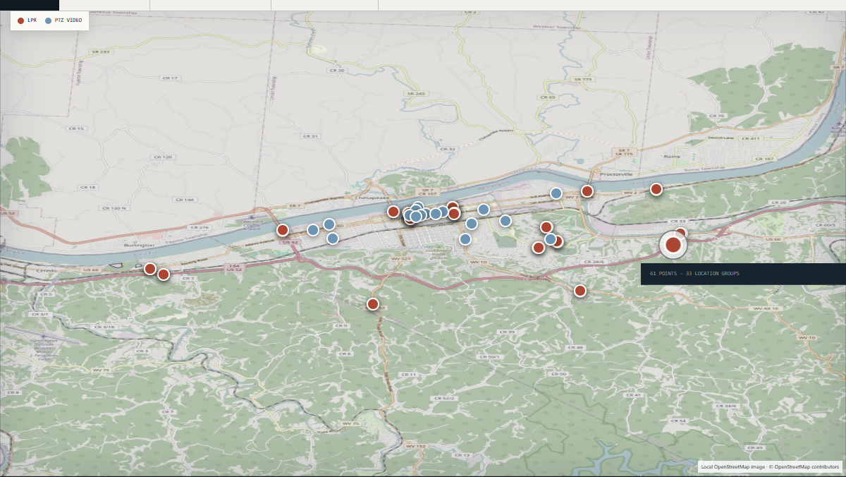 Map of Huntington, West Virginia showing 61 proposed Flock license-plate reader and PTZ camera positions